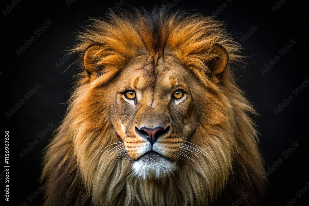 Majestic Lion Portrait: Powerful Close-Up of a Black-Backgrounded Lion's Face Majestic Lion Portrait: Powerful Close-Up of a Black-Backgrounded Lion's Face