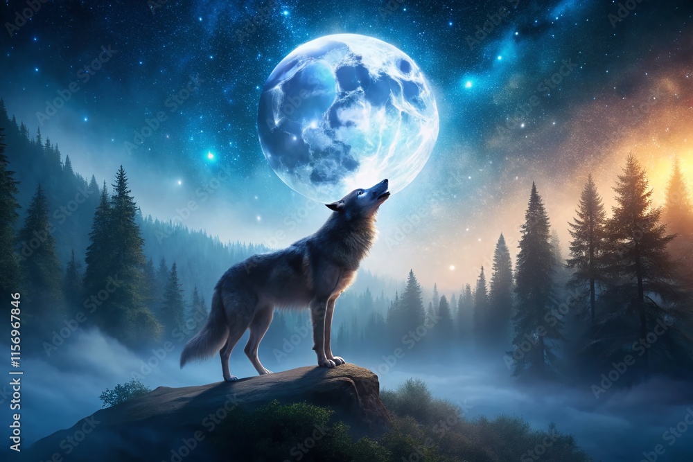 Majestic Lone Wolf in Moonlight - Long Exposure Night Photography Majestic Lone Wolf in Moonlight - Long Exposure Night Photography