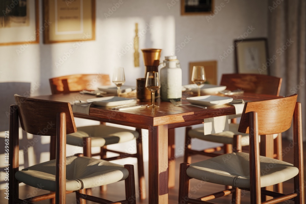 Sunlit dining room with wooden table, chairs, and elegant place settings, creating a warm and inviting atmosphere. Sunlit dining room with wooden table, chairs, and elegant place settings, creating a warm and inviting atmosphere.