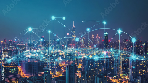 Wallpaper Mural Smart digital Innovation city with connection network reciprocity over the cityscape. of future smart wireless digital city and social media networking systems that connects people with in city Torontodigital.ca