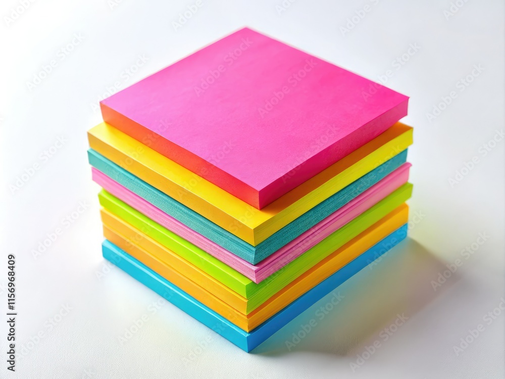 Vibrant sticky notes, minimalist style, pristine white backdrop. A stack of colorful notes pops. Vibrant sticky notes, minimalist style, pristine white backdrop. A stack of colorful notes pops.