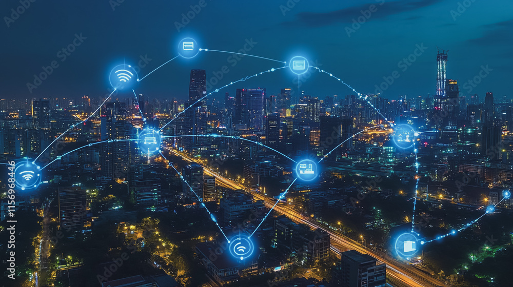 Fototapeta premium Smart digital Innovation city with connection network reciprocity over the cityscape. of future smart wireless digital city and social media networking systems that connects people with in city