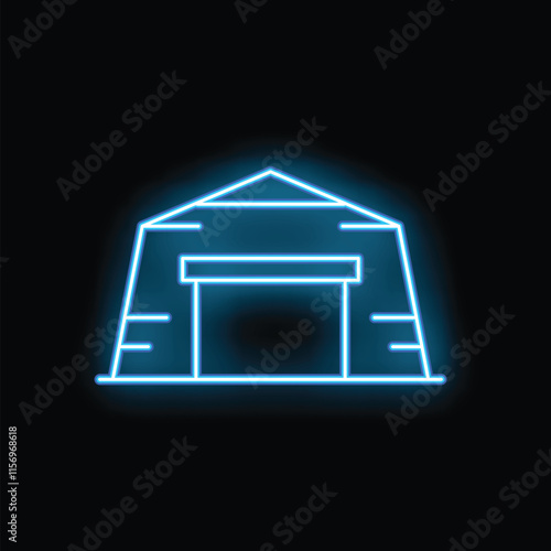 Neon sign of a storage building glowing blue on a black background