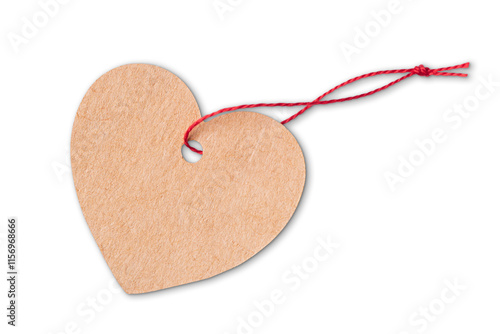 Heart-Shaped Cardboard Tag with Red String Isolated on White Background photo