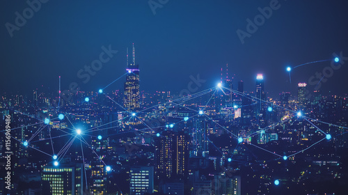 Wallpaper Mural Smart digital Innovation city with connection network reciprocity over the cityscape. of future smart wireless digital city and social media networking systems that connects people with in city Torontodigital.ca