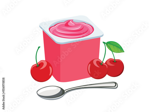 Cherry yogurt in a plastic cup and spoon vector illustration. Cherry yogurt plastic cup icon vector isolated on a white background. Fruit yoghurt and fresh cherries drawing