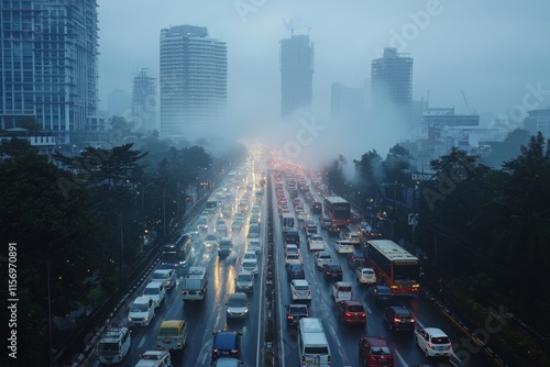 Air pollution in crowded city full of fog and smoke photo