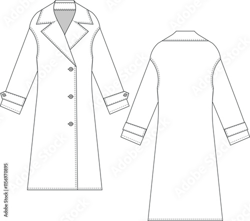 collared buttoned drop shoulder buttoned long maxi midi a line jacket coat trenchcoat template technical drawing flat sketch cad mockup fashion woman design style model 
