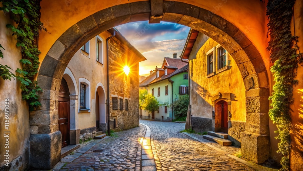 Fototapeta premium Medieval Archway, Skofja Loka, Slovenia: Historic Gorenjska Street Scene