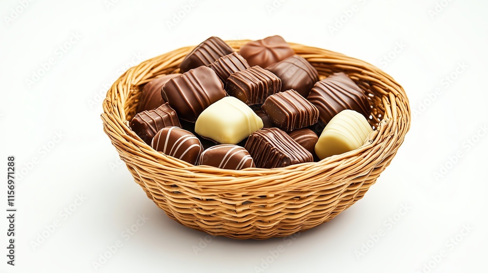 Assorted chocolates in a wicker basket, on a white isolate background. Assorted chocolates in a wicker basket, on a white isolate background.