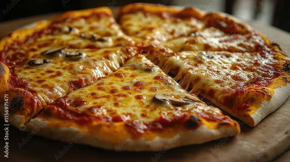 Delicious cheese and mushroom pizza, sliced on wooden board. Delicious cheese and mushroom pizza, sliced on wooden board.