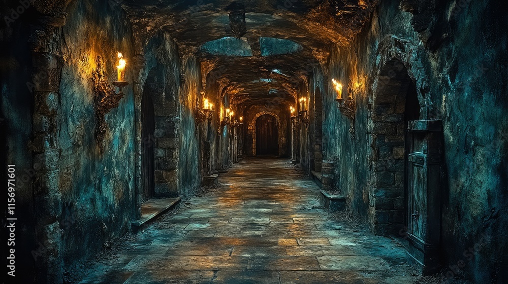 Naklejka premium Mysterious Dark Medieval Corridor: A Journey Through Time