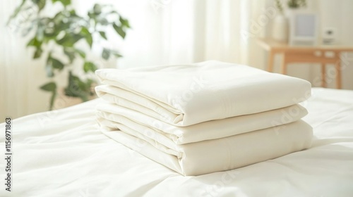 Soft white sheets neatly folded on a bed in a bright, airy bedroom with green plants