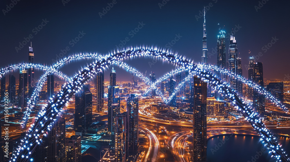 Obraz premium Smart digital Innovation city with connection network reciprocity over the cityscape. of future smart wireless digital city and social media networking systems that connects people with in city
