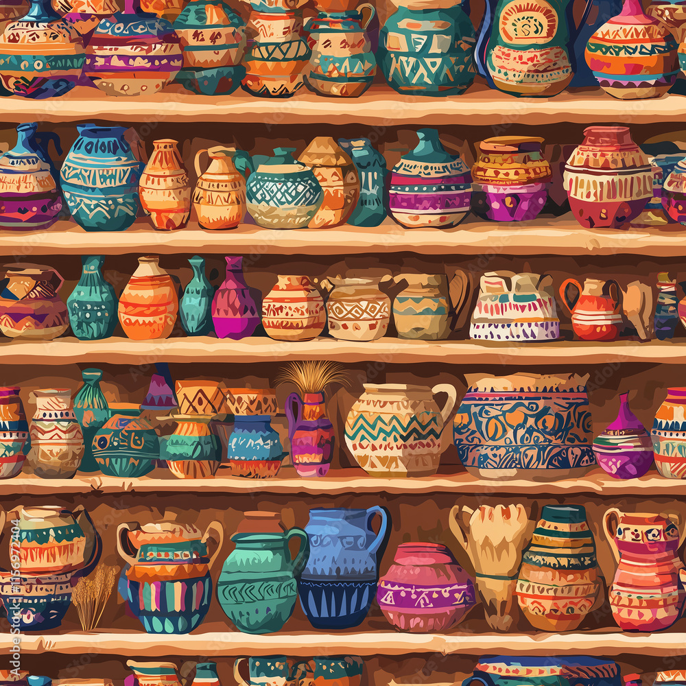 Colorful line mexican seamless pattern of traditional pottery artisan market digital art vibrant environment overhead view cultural heritage Colorful line mexican seamless pattern of traditional pottery artisan market digital art vibrant environment overhead view cultural heritage