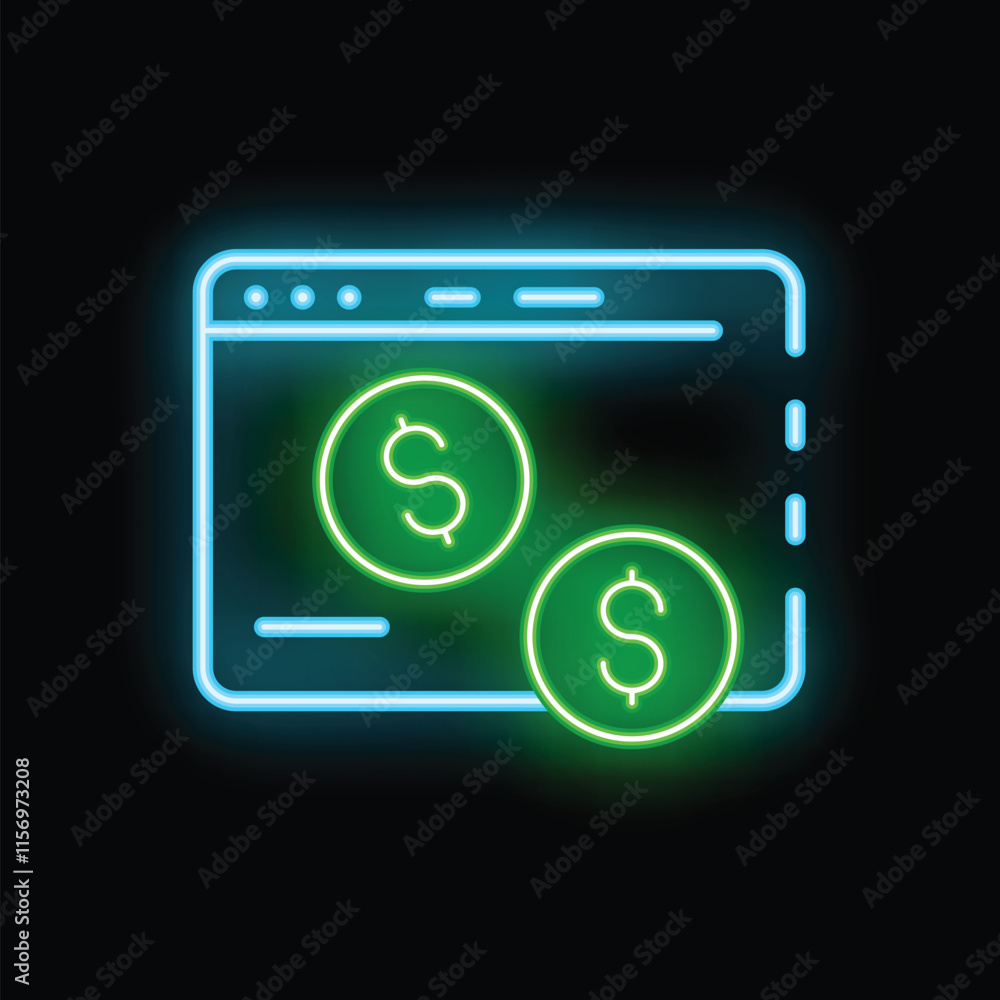 Glowing neon icon representing online payment with dollar coins and internet browser window, ideal for illustrating e commerce and digital transactions Glowing neon icon representing online payment with dollar coins and internet browser window, ideal for illustrating e commerce and digital transactions