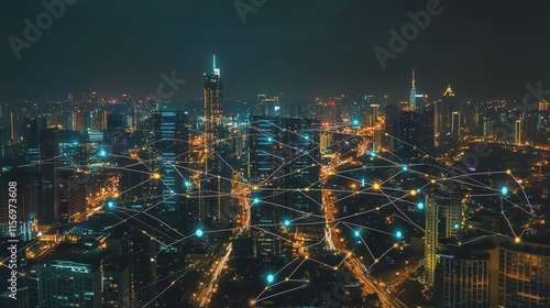 Wallpaper Mural Smart digital Innovation city with connection network reciprocity over the cityscape. of future smart wireless digital city and social media networking systems that connects people with in city Torontodigital.ca