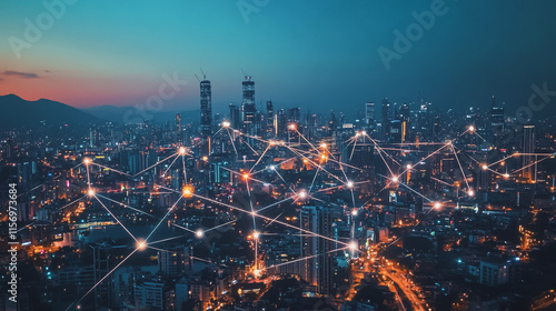 Wallpaper Mural Smart digital Innovation city with connection network reciprocity over the cityscape. of future smart wireless digital city and social media networking systems that connects people with in city Torontodigital.ca