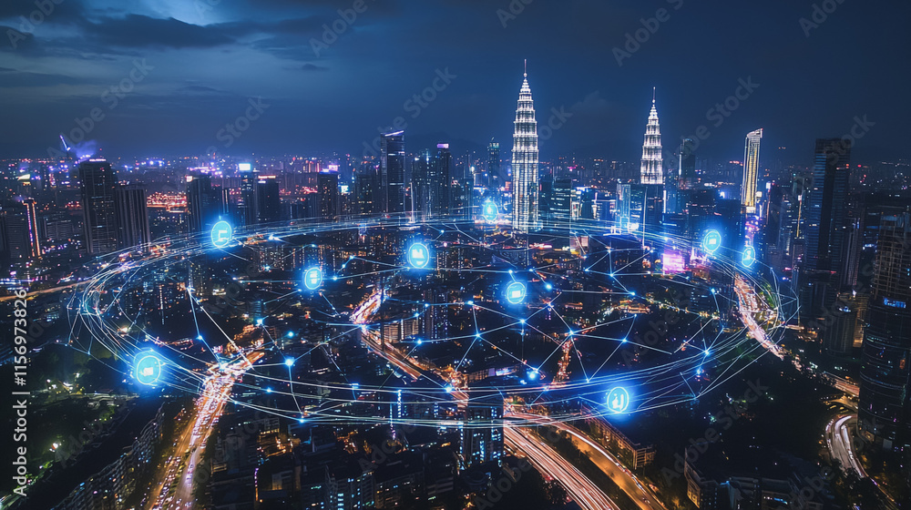 Fototapeta premium Smart digital Innovation city with connection network reciprocity over the cityscape. of future smart wireless digital city and social media networking systems that connects people with in city