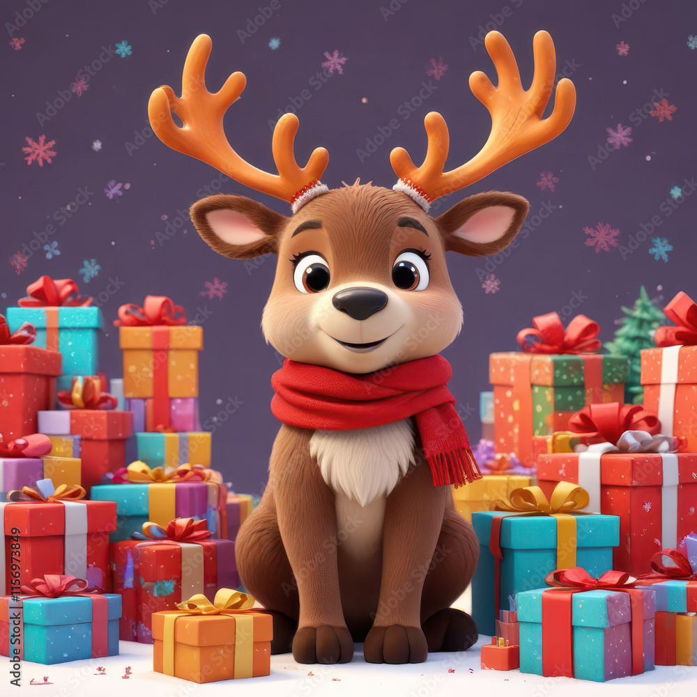 Fototapeta premium Cute cartoon reindeer with red scarf sitting among colorful Christmas presents with snowy background