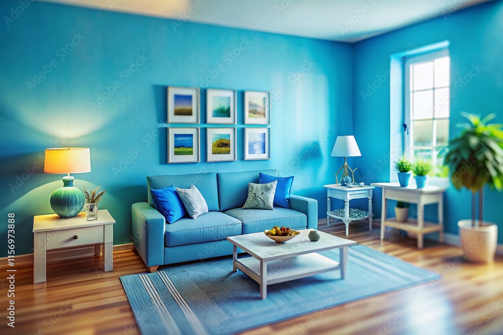Miniature Blue Living Room Interior with White Framed Wall Art - Tilt-Shift Photography Miniature Blue Living Room Interior with White Framed Wall Art - Tilt-Shift Photography