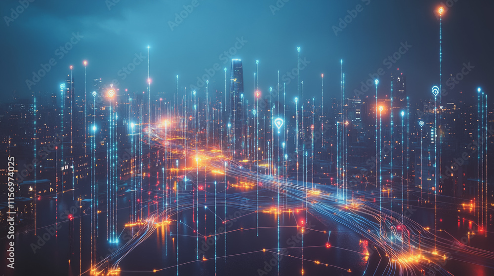 Smart digital Innovation city with connection network reciprocity over the cityscape. of future smart wireless digital city and social media networking systems that connects people with in city Smart digital Innovation city with connection network reciprocity over the cityscape. of future smart wireless digital city and social media networking systems that connects people with in city