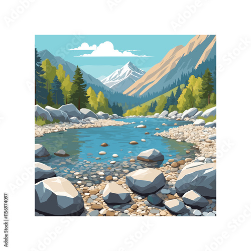 Mountain River Vector Illustration: Capturing Nature's Serenity in Art