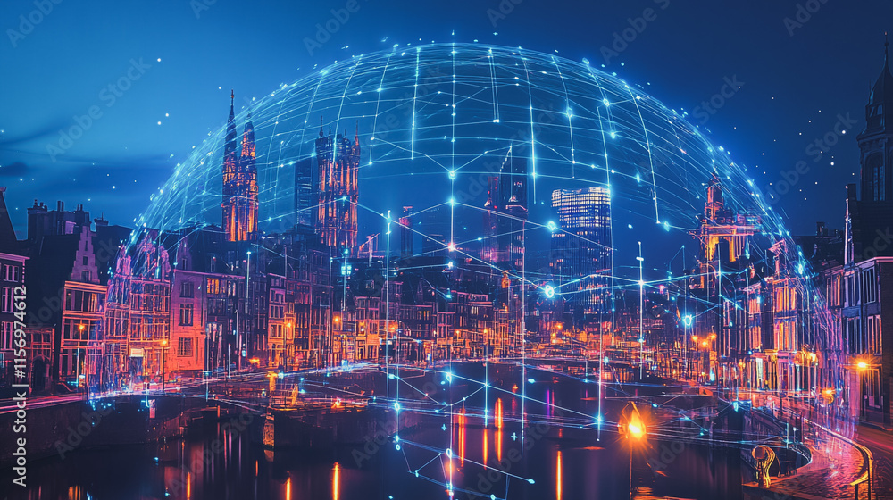 Fototapeta premium Smart digital Innovation city with connection network reciprocity over the cityscape. of future smart wireless digital city and social media networking systems that connects people with in city