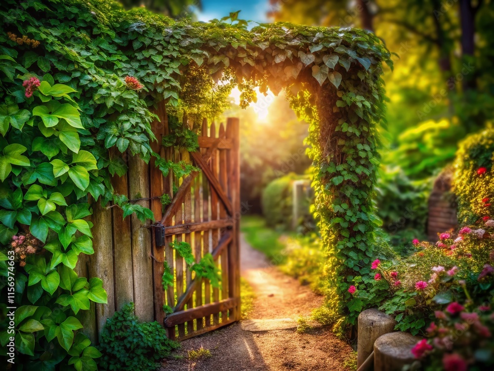 Miniature Garden Gate: A whimsical tilt-shift photo of an overgrown gate opening, revealing a hidden path. Miniature Garden Gate: A whimsical tilt-shift photo of an overgrown gate opening, revealing a hidden path.