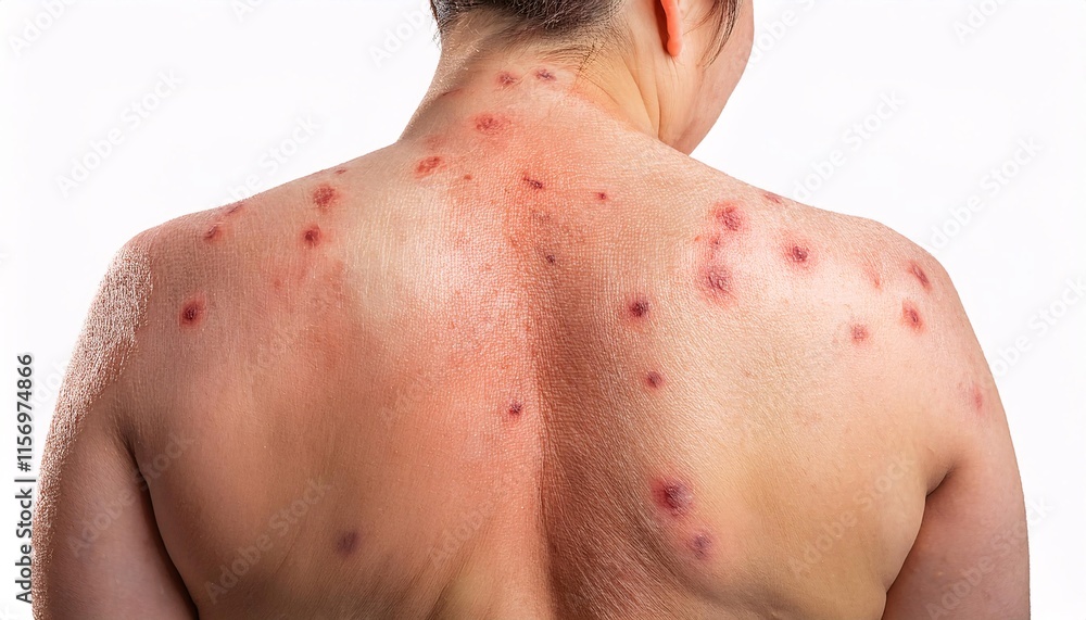 Naklejka premium close-up of a heat rash on the back, showcasing red bumps, skin irritation, and sweat effects for medical and dermatological purposes 