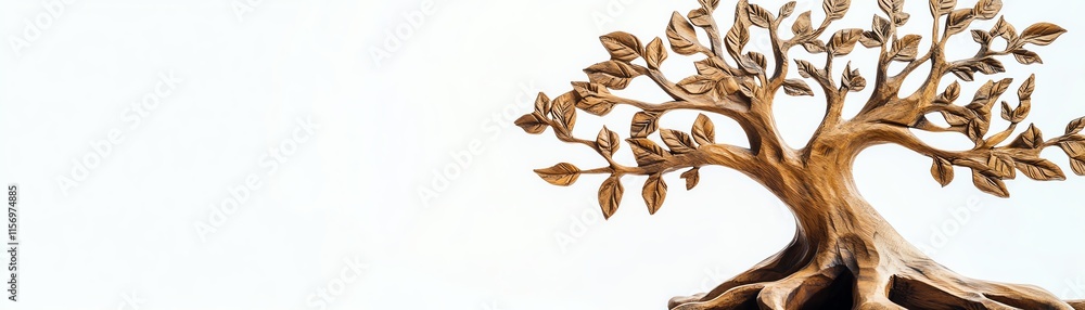 Artistic tree sculpture with detailed leaves and roots, white isolated background. Artistic tree sculpture with detailed leaves and roots, white isolated background.