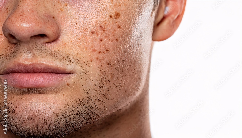 close-up of freckles on the cheek and jawline of a light-skinned man with natural skin pigmentation and facial hair, isolated on white for dermatological and beauty concepts
close-up of freckles on the cheek and jawline of a light-skinned man with natural skin pigmentation and facial hair, isolated on white for dermatological and beauty concepts
