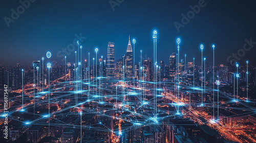 Wallpaper Mural Smart digital Innovation city with connection network reciprocity over the cityscape. of future smart wireless digital city and social media networking systems that connects people with in city Torontodigital.ca