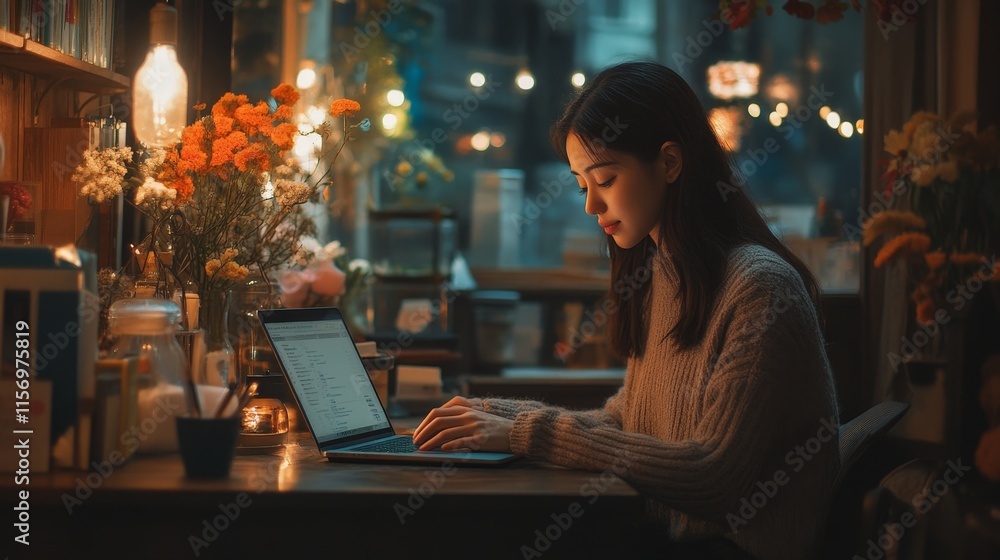 Focused woman working at retail desk setup Focused woman working at retail desk setup