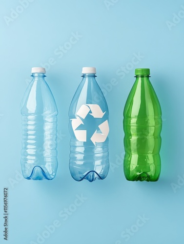 Recycling Bottles: A Visual Guide - Three plastic bottles symbolize recycling, sustainability, environmental responsibility, waste reduction, and a cleaner planet. photo