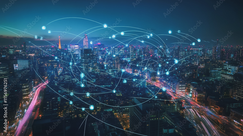 Fototapeta premium Smart digital Innovation city with connection network reciprocity over the cityscape. of future smart wireless digital city and social media networking systems that connects people with in city