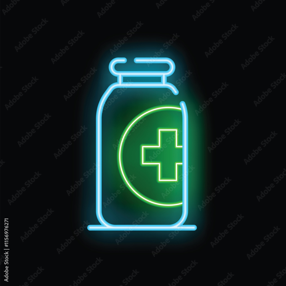 Glowing neon line medicine bottle and medical sign icon isolated on black background. Pharmacy symbol. Vector illustration