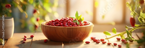 Rustic Wooden Bowl of Red Kidney Beans - A rustic wooden bowl brimming with vibrant red kidney beans, bathed in sunlight.  Symbolizing health, abundance, nature, nourishment, and harvest. photo