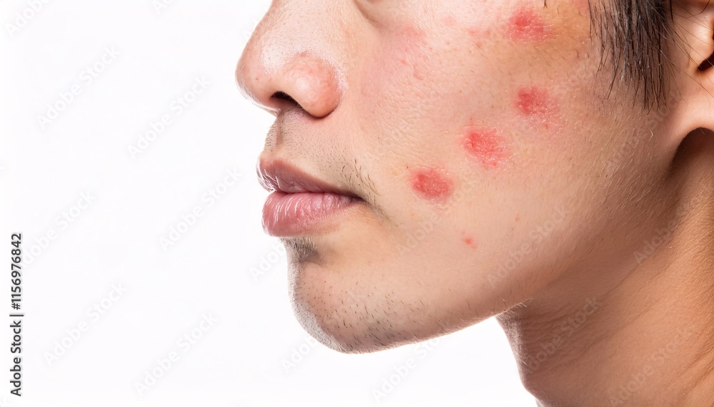 Obraz premium detailed view of rosacea pustules on the cheeks with visible redness and inflamed skin, isolated on a clean white background, showcasing dermatological condition 