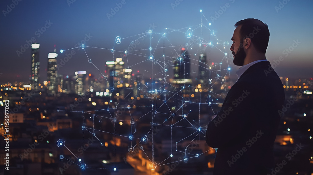 Smart digital Innovation city with connection network reciprocity over the cityscape. of future smart wireless digital city and social media networking systems that connects people with in city Smart digital Innovation city with connection network reciprocity over the cityscape. of future smart wireless digital city and social media networking systems that connects people with in city