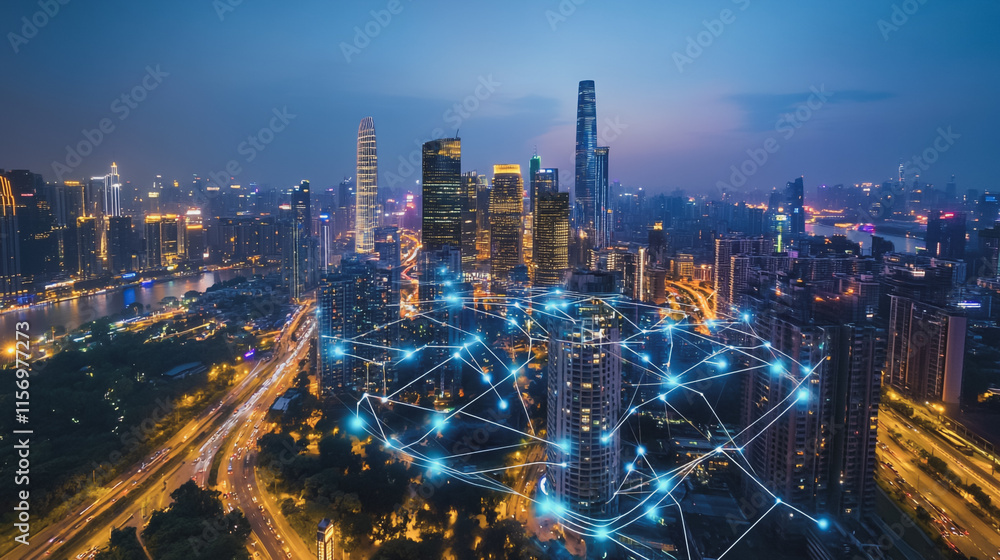 Fototapeta premium Smart digital Innovation city with connection network reciprocity over the cityscape. of future smart wireless digital city and social media networking systems that connects people with in city