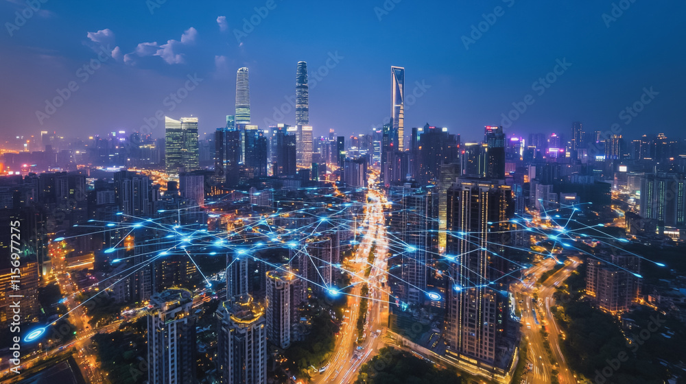 Obraz premium Smart digital Innovation city with connection network reciprocity over the cityscape. of future smart wireless digital city and social media networking systems that connects people with in city