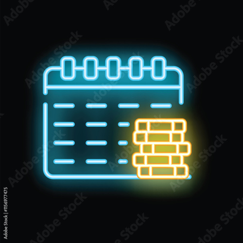 Glowing neon line icon of calendar with marked date and stack of coins symbolizing payment day