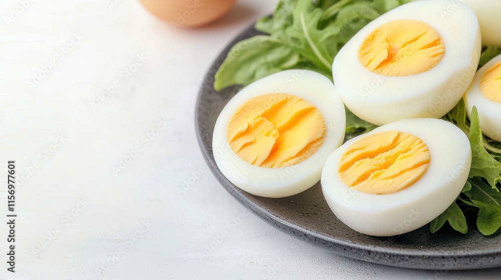 Chicken and Duck Egg Concept, Delicious Halves of Boiled Duck and Chicken Eggs Served on Fresh Greens for a Healthy Meal Chicken and Duck Egg Concept, Delicious Halves of Boiled Duck and Chicken Eggs Served on Fresh Greens for a Healthy Meal