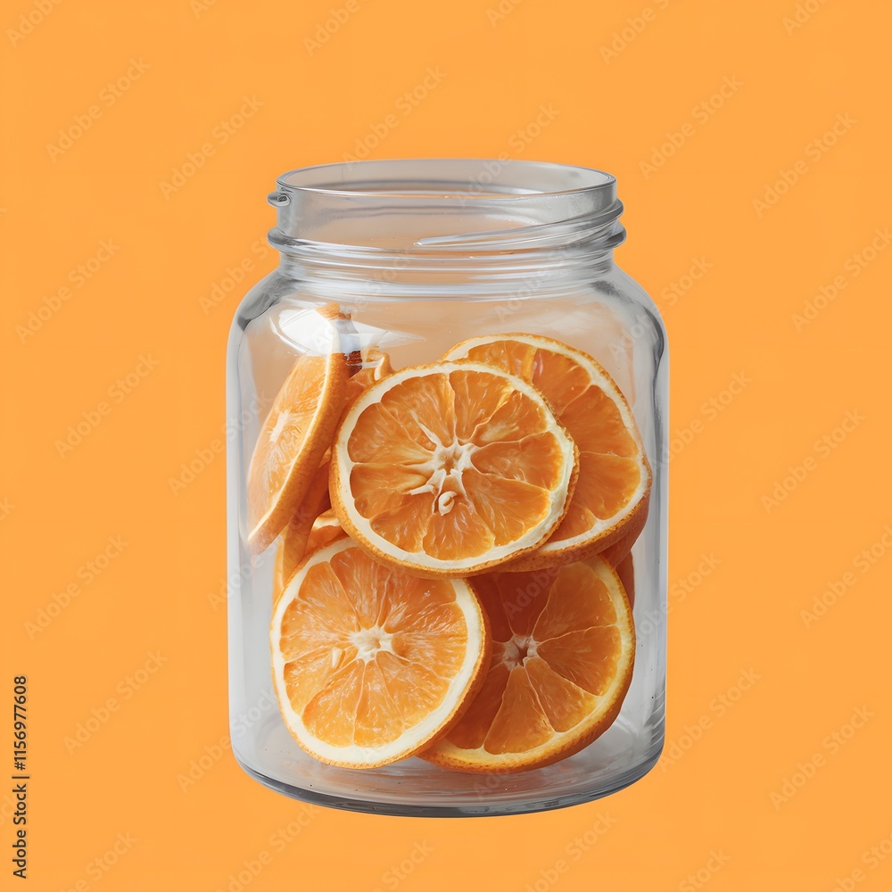 Aromatic Assortment of Dried Fruits in Clear Glass Jar with Green Leaves on Light Peach Background. Aromatic Assortment of Dried Fruits in Clear Glass Jar with Green Leaves on Light Peach Background.