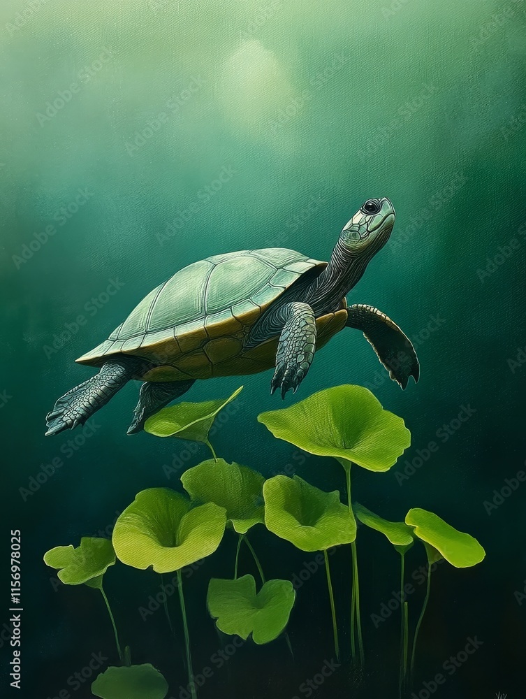 Obraz premium Turtle Grace Among Aquatic Plants - A lone turtle gracefully swims amidst lush aquatic plants, symbolizing peace, resilience, nature's beauty, serenity, and hidden depths.