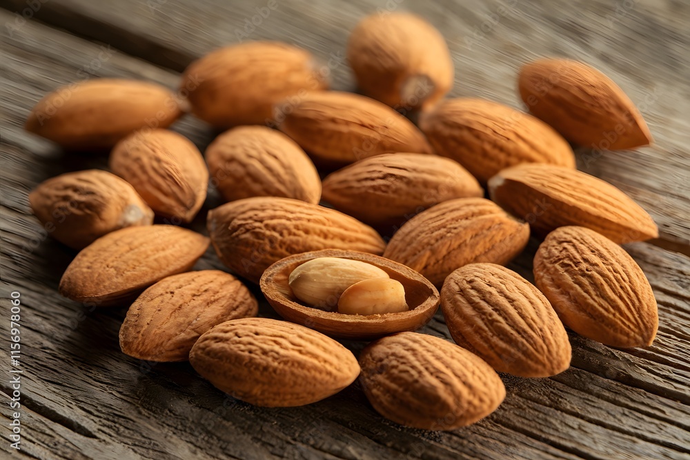Aromatic Whole Almonds in Shells on Rustic Wooden Surface, Nutty Delight.