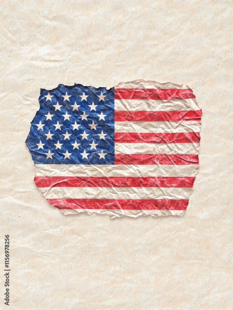 Obraz premium Torn American Flag on Parchment - Patriotism, history, remembrance, age, fragility. A crumpled, torn American flag rests on aged parchment.