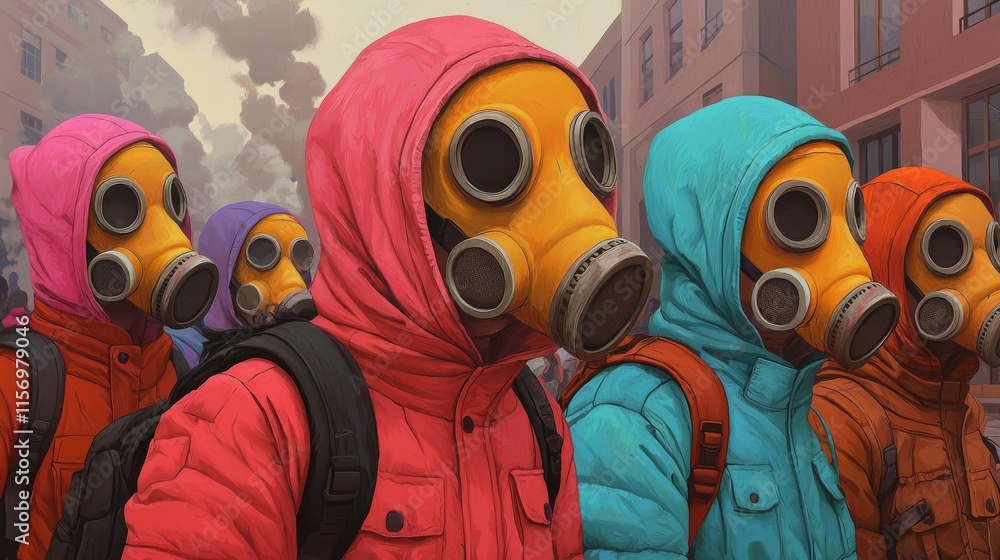 Fototapeta premium A group of individuals in colorful hoodies and gas masks walk through a smoky, urban environment, suggesting themes of survival and dystopia.