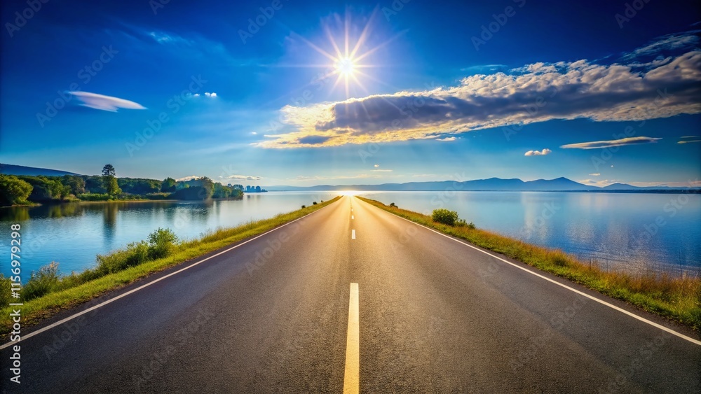 Fototapeta premium Minimalist Empty Asphalt Road by Lake Under Blue Sky - Stock Photo